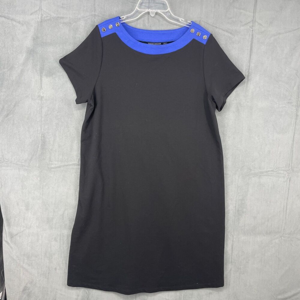 Susan Graver Weekend Dress Womens Large Black Blue Short Sleeve Round Neck